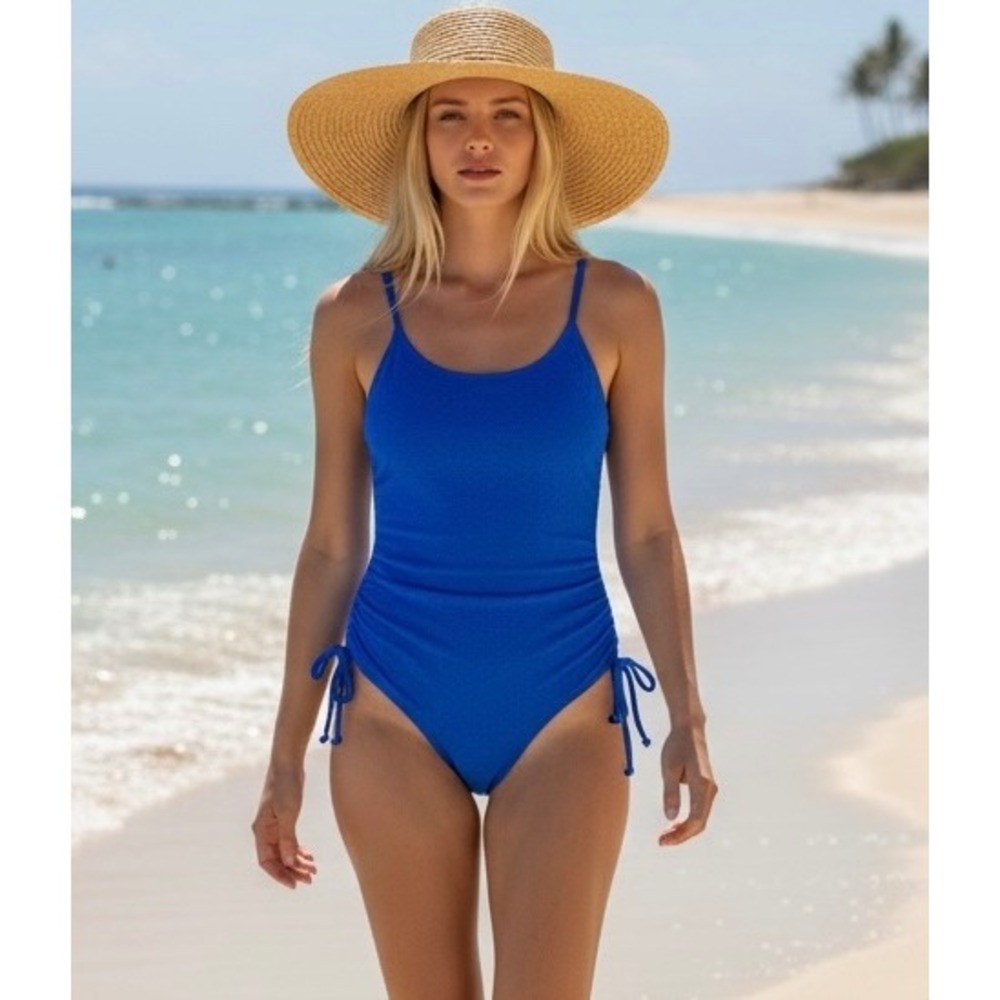 NEW Royal Blue Large Leopard Textured One‎ Piece Swimsuit Ruched Sides